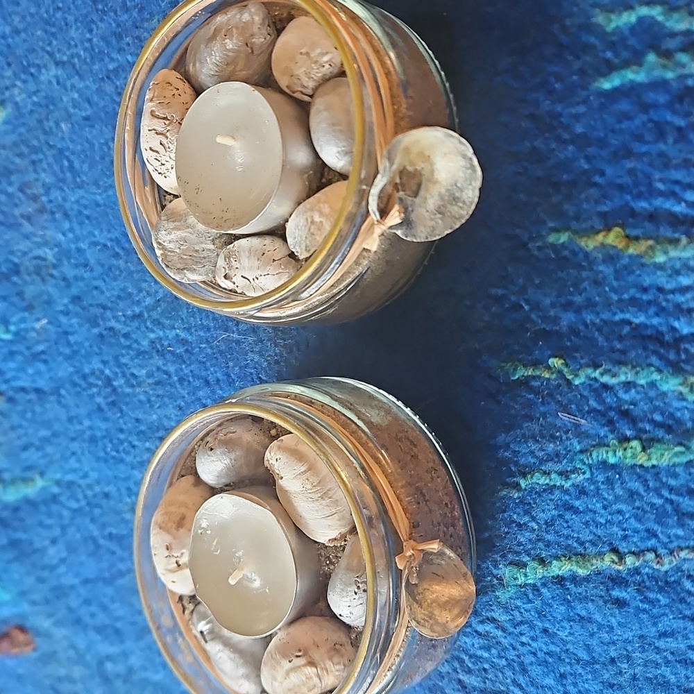 Tealight Holders Glass Jar filled with Sand & Shells.  Set Of 2